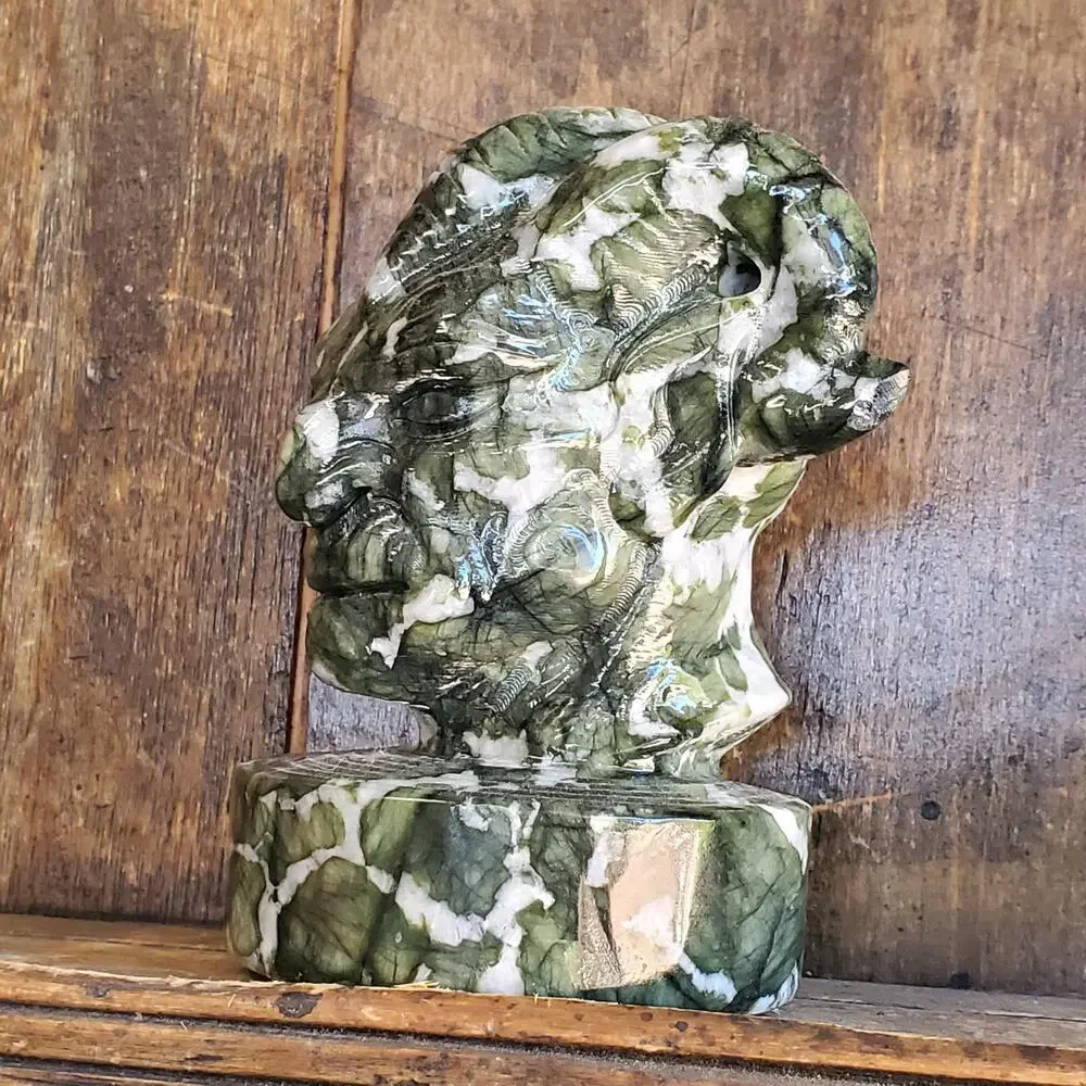 Velnias Horned Bust Serpentine Jade Demon Head Bust Crystal Skull 1740 grams